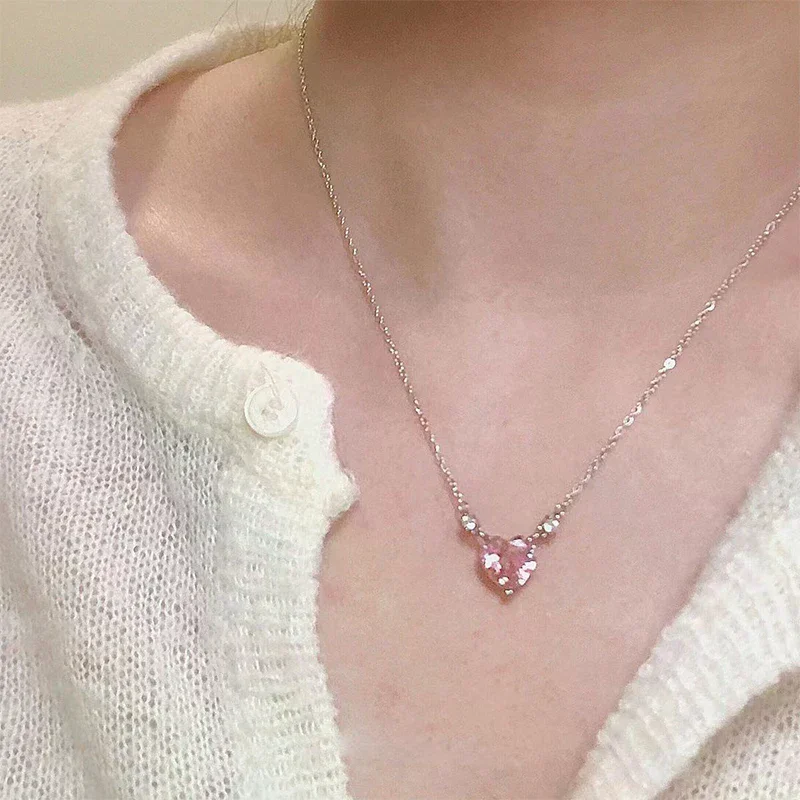 Shiny Crystal Zircon Pink Heart Necklace Pendant For Women Girls Party Charm Fashion Jewelry Necklace Collarbone Chain Gifts