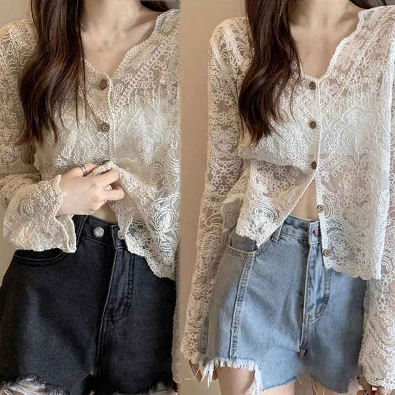 Women Lace Flare Long Sleeve Blouse V-Neck Button Down Cropped Cardigan Hollow Crochet Floral See Through  Shirts