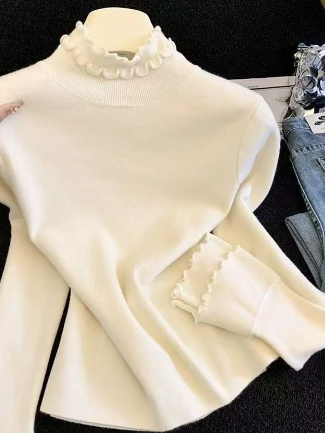 

plus Size Women's Warm Velvet Shirt Half High Collar Off-Shoulder Slim Fit Base Layer Top Korean Style Long Sleeve Winter Wear