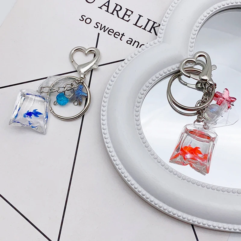 Y2K Creative Simulated Goldfish Bag Keychain Starfish Heart Keyring For Girls Backpack Pendant Bag Charm Keycord