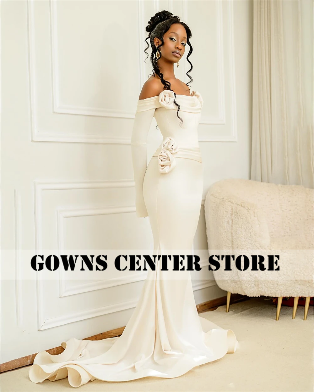 Grazioso abito da sposa a sirena Aso Ebi per spose 2025 maniche a tre quarti con spalle scoperte increspato fidanzamento africano personalizzato