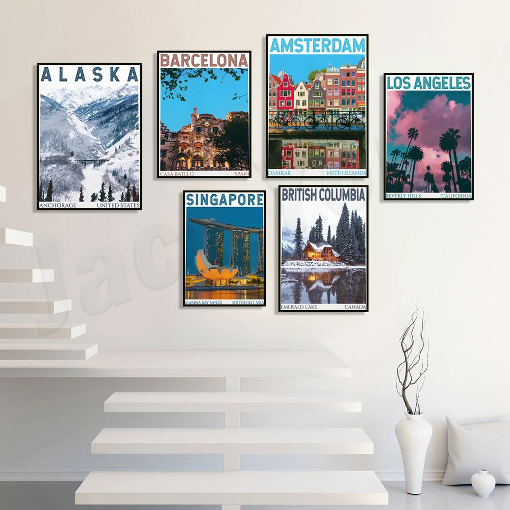 Amsterdam, Canada, Scotland, Los Angeles, Jordan, Barcelona, Greece, Italy, Chicago, Singapore, New York, Sydney travel poster