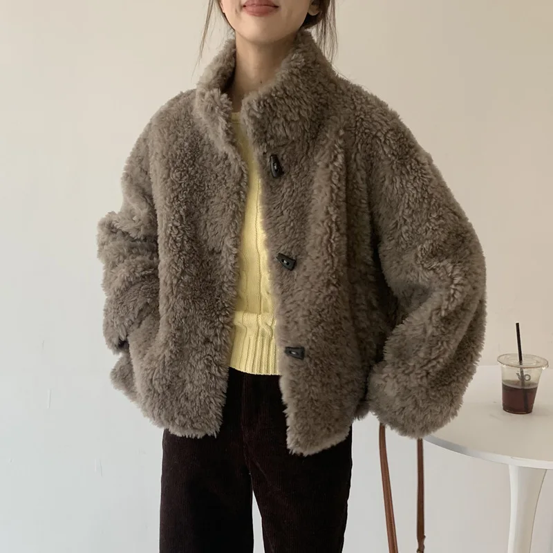Sheep Wool Korean Winter 2026 New Sheep Shearing Fur Integrated Jacket Women's Stand-up Collar Single-breasted Short Coat