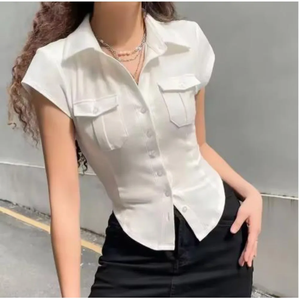 

White Shirts Women Slim Office Lady Simple European Style Summer Temperament Short-sleeved Simple Fashion Pockets Design Unique