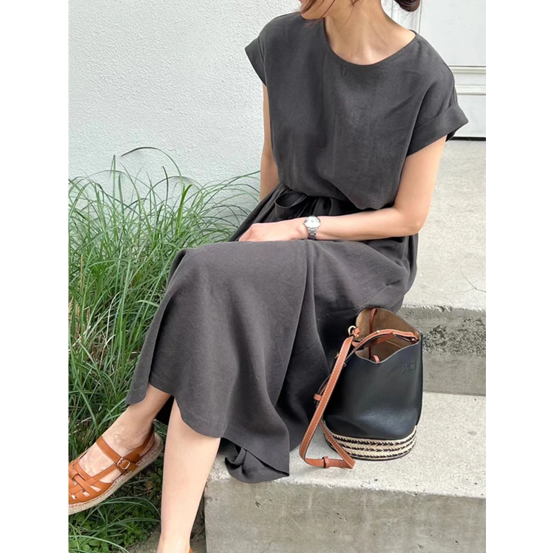 REALEFT Summer Cotton and Linen Women\'s Outfits Sets Casual O-Neck T-Shirts and Elastic Waist A-Line Skirts Female Suits