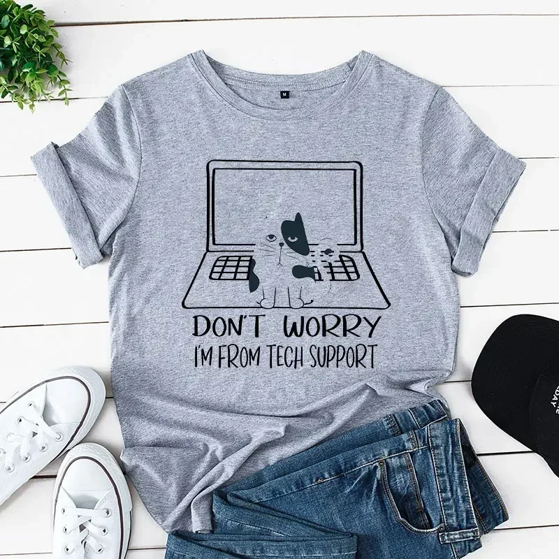 Summer Short Sleeve Casual Ladies Fashion Female Cute Cat Graphic Tee Clothing T-shirt  Women I'm From Tech Support Sweet Print