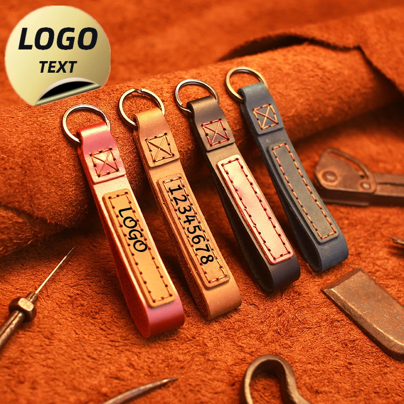 Customized LOGO Crazy Horse Real Keychain Laser Engrave Car Keyring Leathe Blank Personalize Key Chains Ring for Men and Women