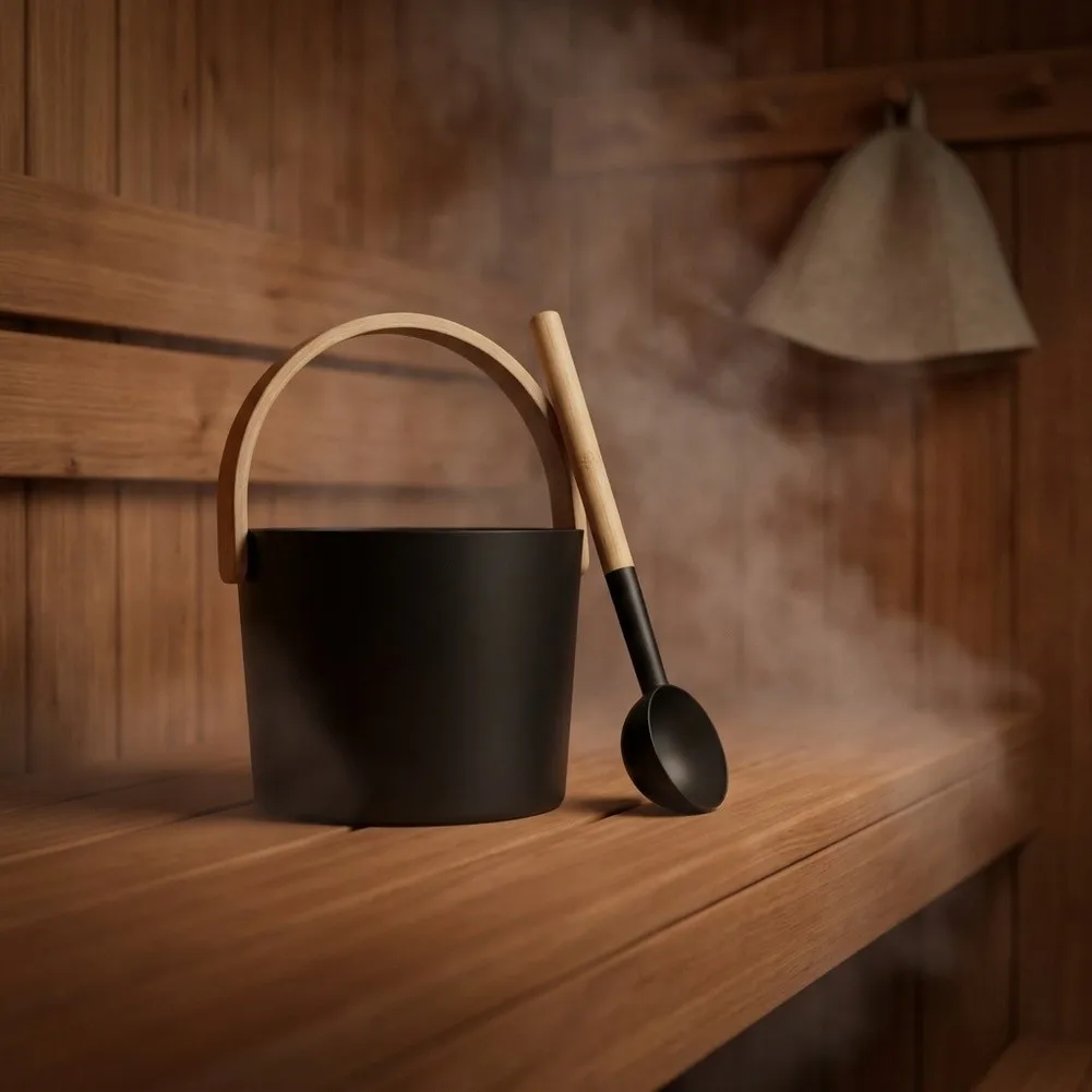 Black Steam Bucket Aluminum Sauna Ladle For Relaxation Rituals Large 7 Liter Capacity 24cm Base Diameter 44cm Total Length