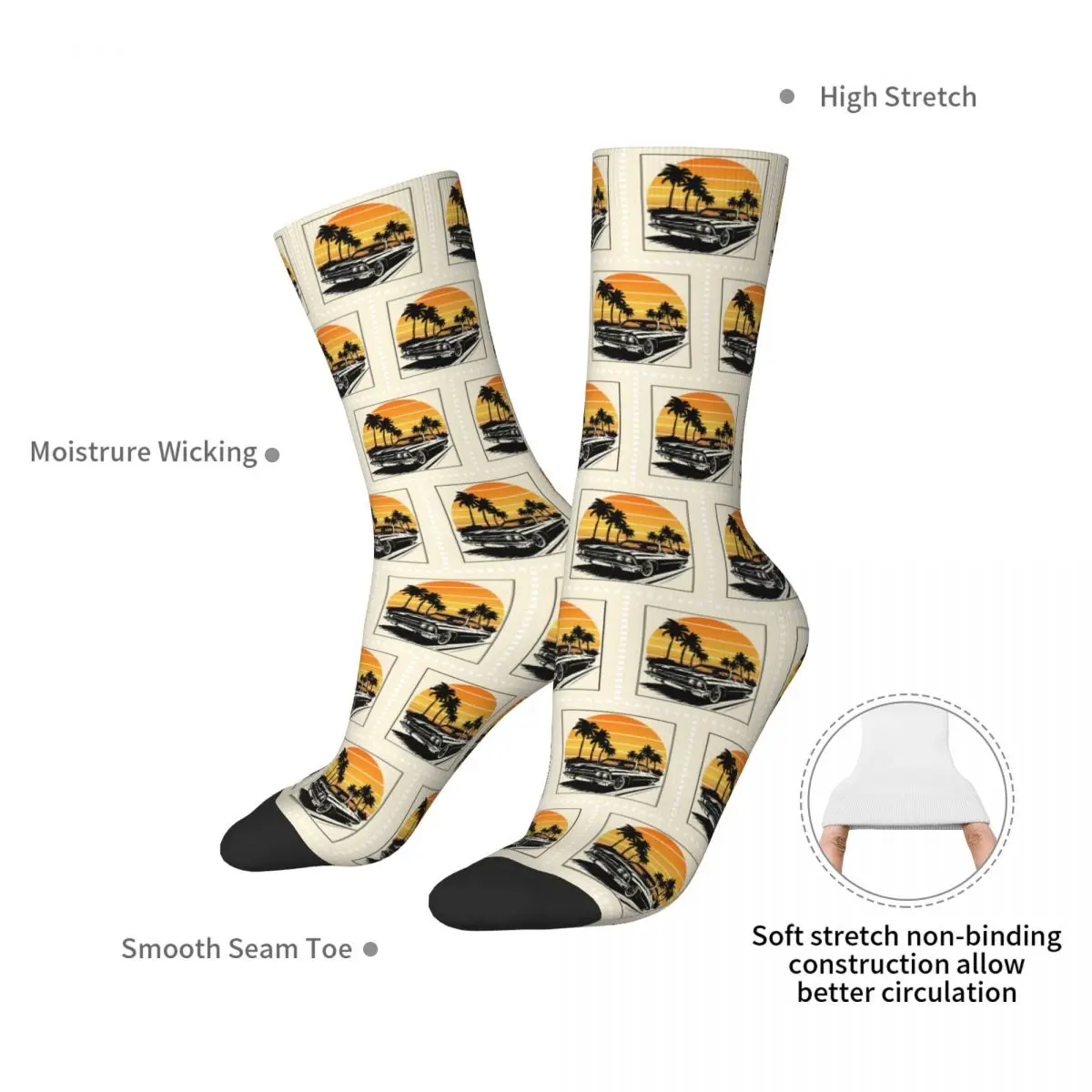 Classic Car With Palm Trees And Orange Sunset Socks Harajuku Stockings All Season Long Socks for Man's Woman's Christmas Gifts