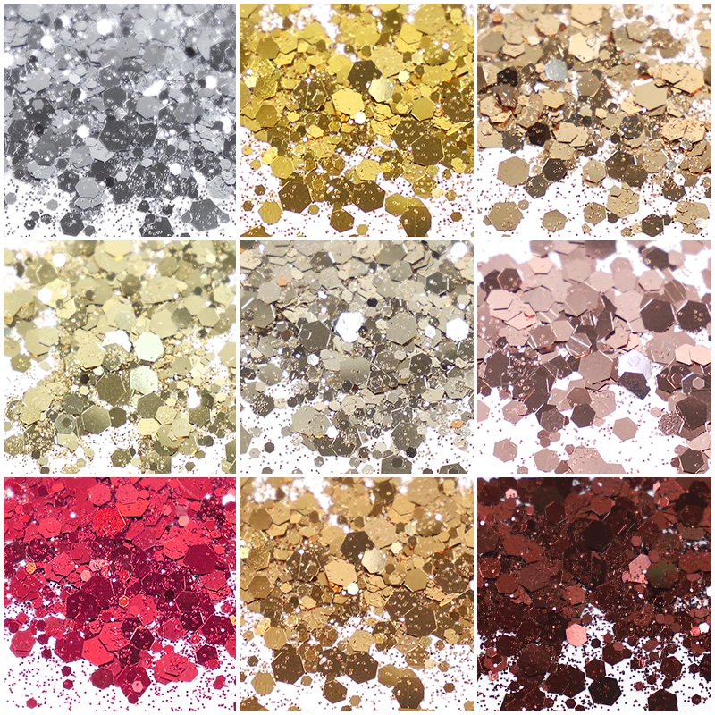 1 oz/Bag Nail art Pailletten Glitter Pulver Gemischt Größe Metallic Farbe Silber Gold Sparkly Chunky Gel Polnischen Maniküre DIY Dekorationen