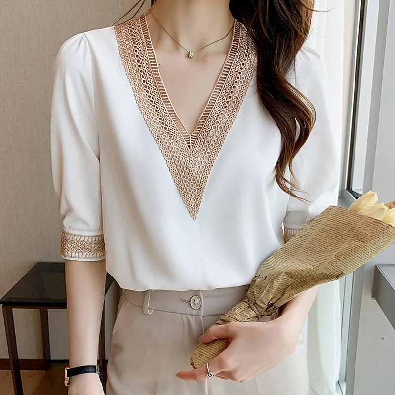 Summer Chiffon Blouse Women Fashion V Neck Hollow Out Splicing Top 2023 Middle Sleeve White Shirts Female Blusas Mujer New 13367