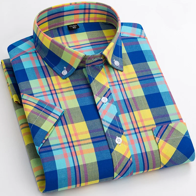 Free Shipping Men\'s Summer Shirts Short Sleeve Causal Plaid Korea Stylish Thin 100% Cotton Business Regular Fit Big Size S~6XL