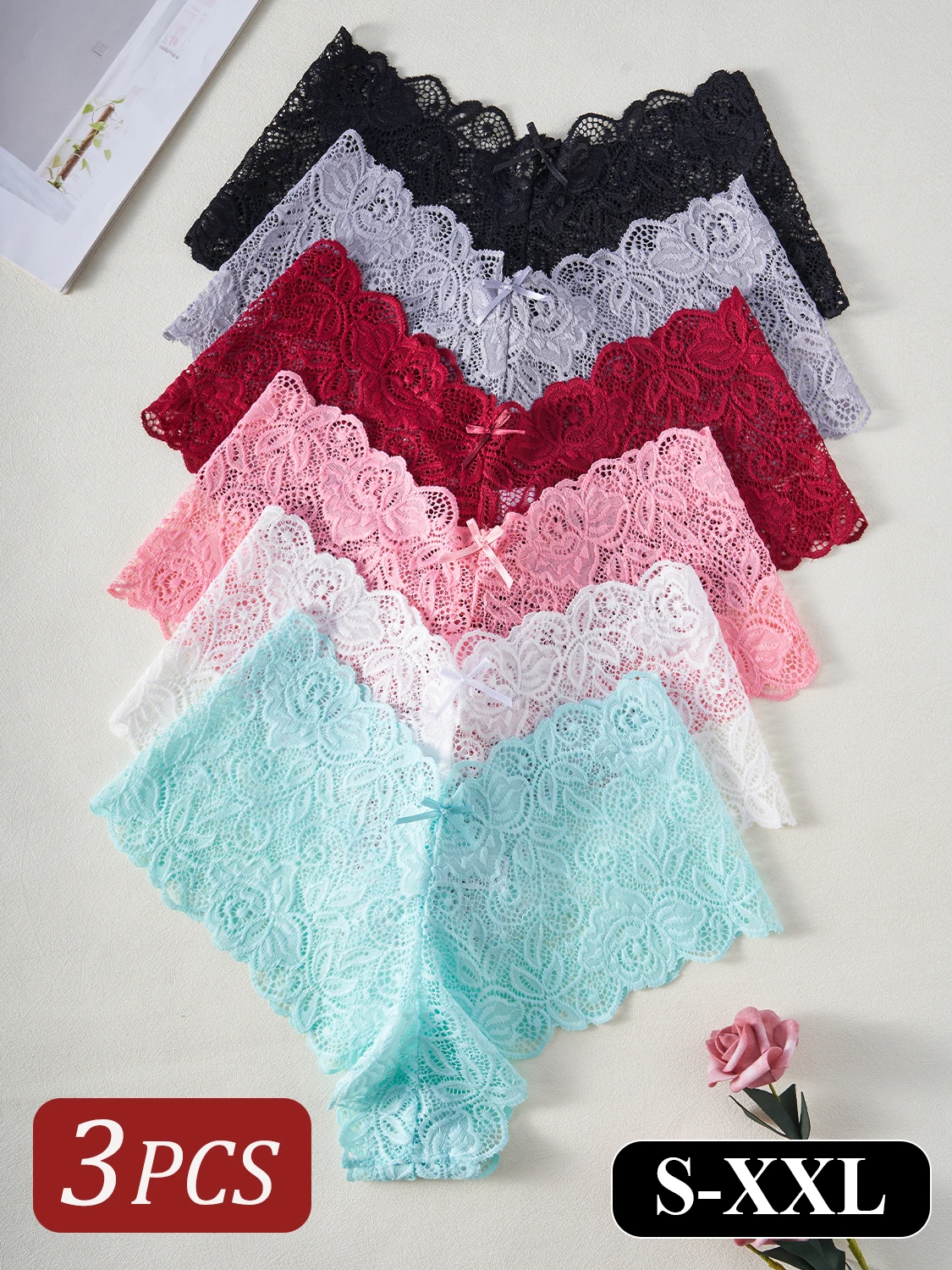 3 قطعة سراويل نسائية أنيقة من الدانتيل مُزينة بالزهور على شكل حرف V الخصر شبه شير مثير ملخصات ملابس داخلية مريحة الفتيات العشير الملابس الداخلية