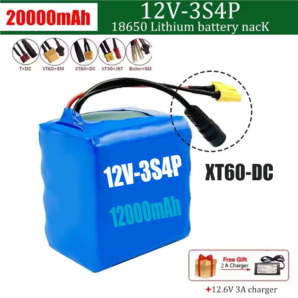 

12V 3S4P 12000mAh portable battery 18650 12V rechargeable lithium-ion battery DC capacity 12.6v camera display+charger