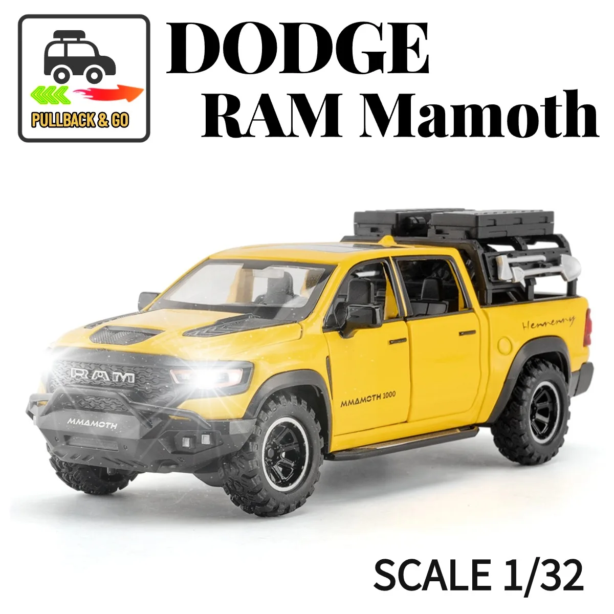 Dodge RAM Mamoth Scale 1:32 Pullback Car Toy with Lights Engine Sound, Mclaren Porsche Metal Diecast Car Model Gift Kid Boy Toy