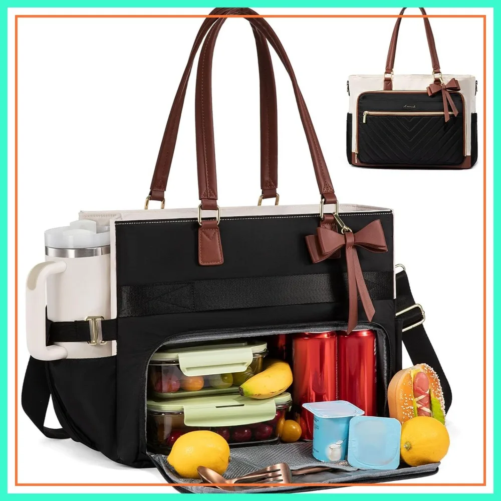 

Insulated Lunch Tote for Women, Large Capacity Laptop Bag with Cup Holder, Work & Travel Bag, 15.6 Inch, Beige
