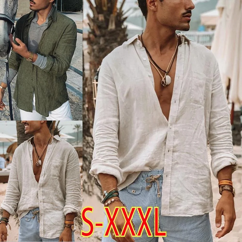 

Fashion Men's Cotton and Linen Vacation Shirt Loose Long-sleeved Beach Casual Breathable Shirt Camisas de hombre