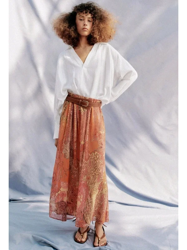 

Summer Women's Elastic Waist Print Midi Skirt with Belt High Waist A-Line Skirt Polyester Fiber Citywalk Suitable Ladies