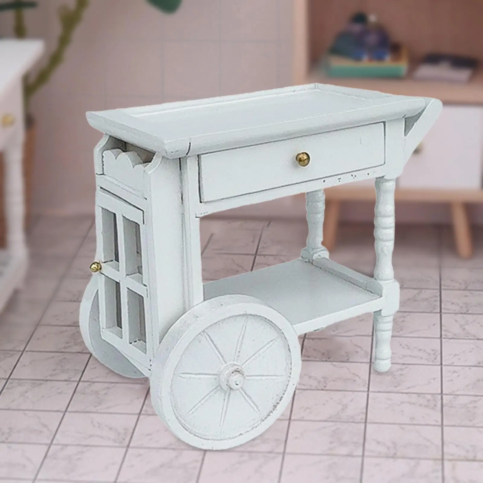 Carrinho de servir cozinha para casa de bonecas em escala 1:12, artesanato para mesa de areia, jardim de fadas