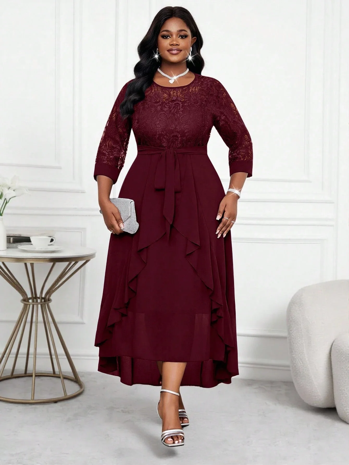 

Burgundy Plus Size Lace Ruffle Midi Dress With Belt Elegant Office Formal Wear
