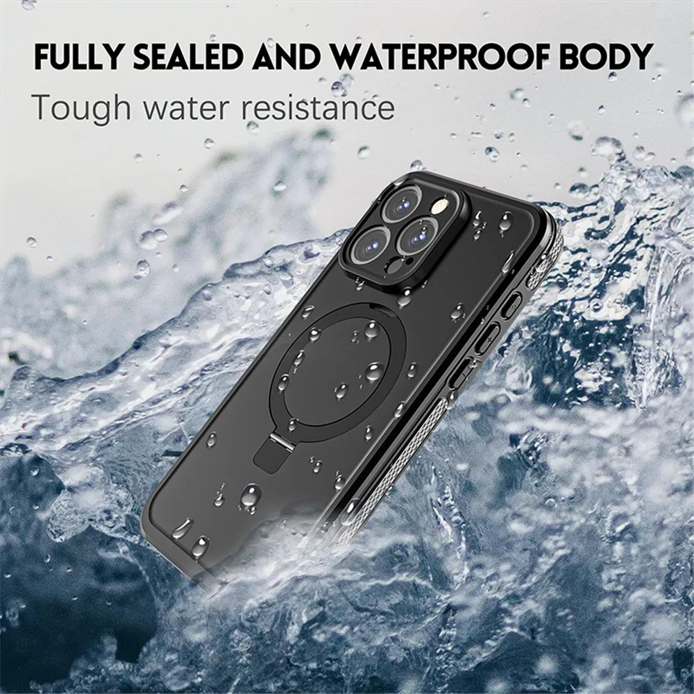 

For iPhone 15 Pro Max Case 5G Magsafe IP68 Waterproof Case Magnetic Kickstand Underwater Diving Clear 360 Protection Full Cover