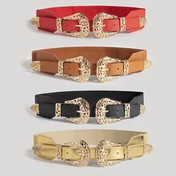 New Fashionable Women's Vintage Buckle Elastic Wide Hollow Elastic Belt with Adjustable Europe and America