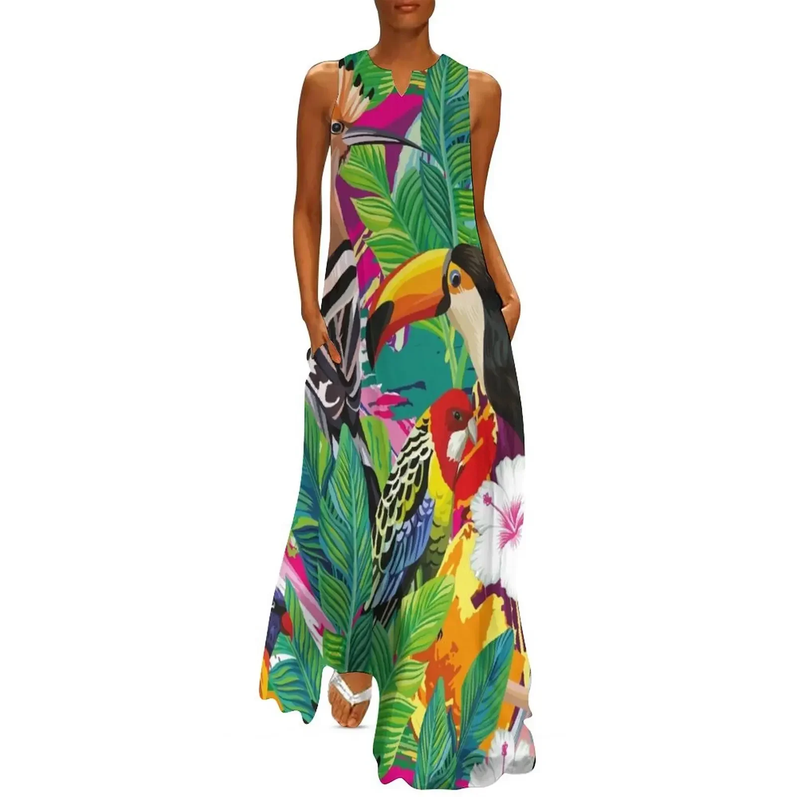 

Seamless Composition Tropical Bird Toucan Parrot Hoopoe Palm Leaves Long Dress prom clothes Dress