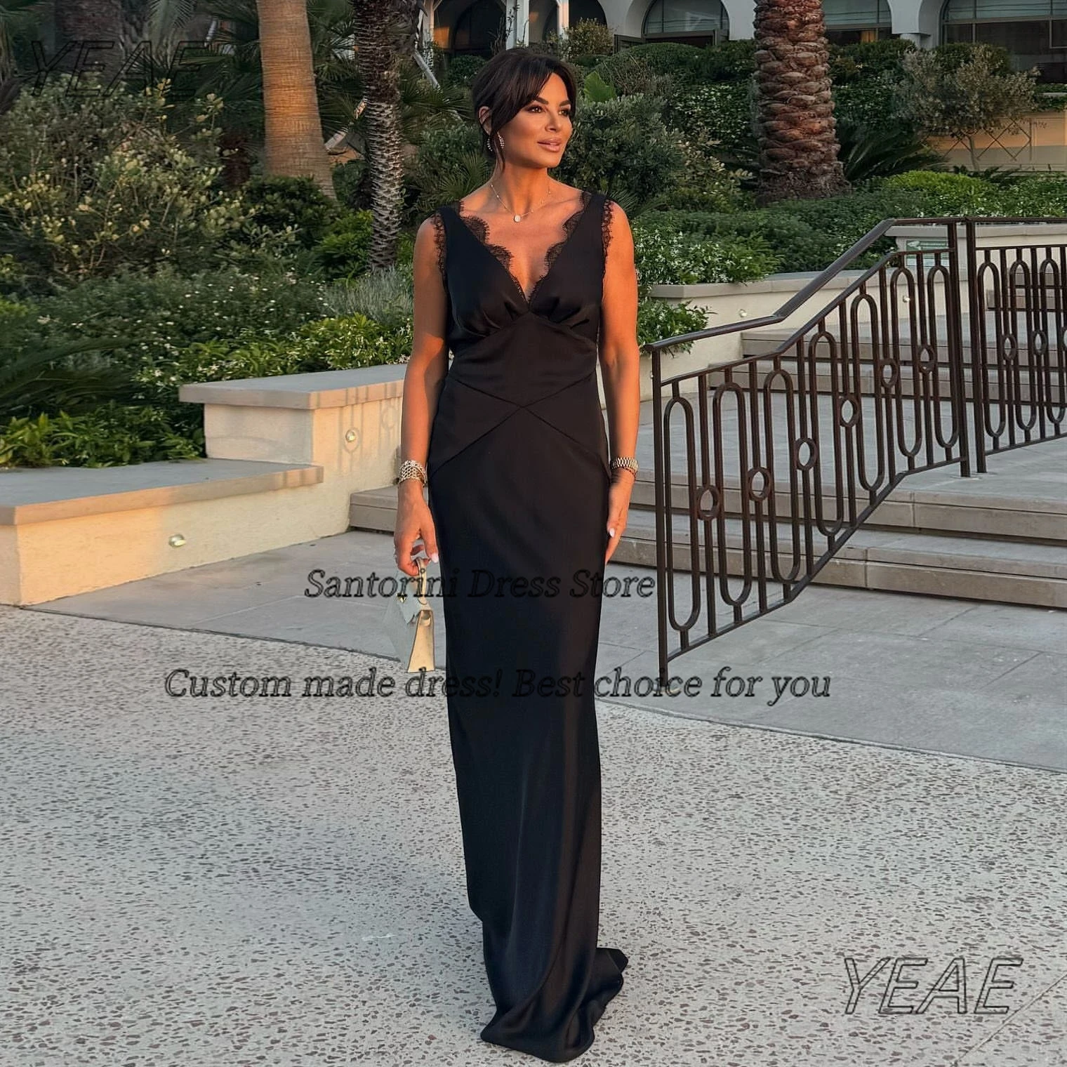 

Santorini Lace Edge V Neck Prom Dresses Sexy Plunging Back Style Cocktail Evening Party Dress Long Maid of Honor Gown Customized