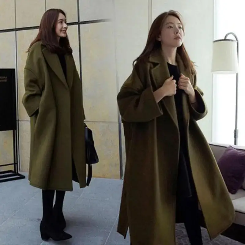 Women Solid Color Jacket Lapel Collar Coat Women Woolen Jacket with Turn-down Collar Mid-calf Length Thermal Coat for Spring