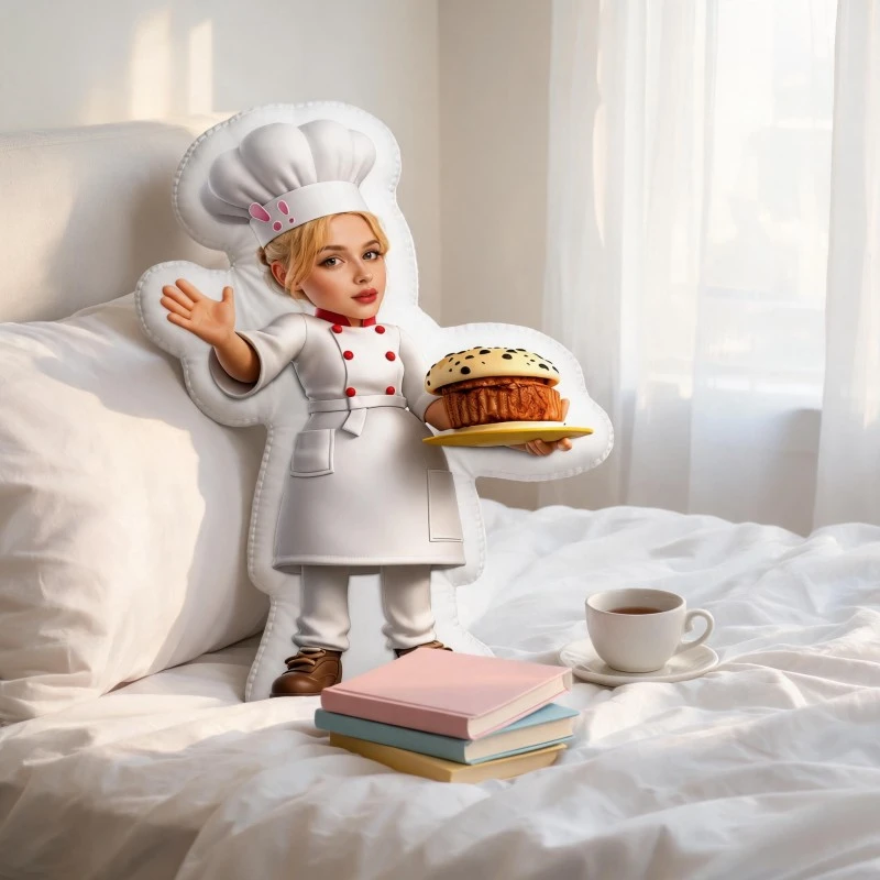 Custom Personalized Photo Chef-Shaped Pillow, White Uniform And Holding Cake with Custom Picture Decorative Cushion, Unique Home