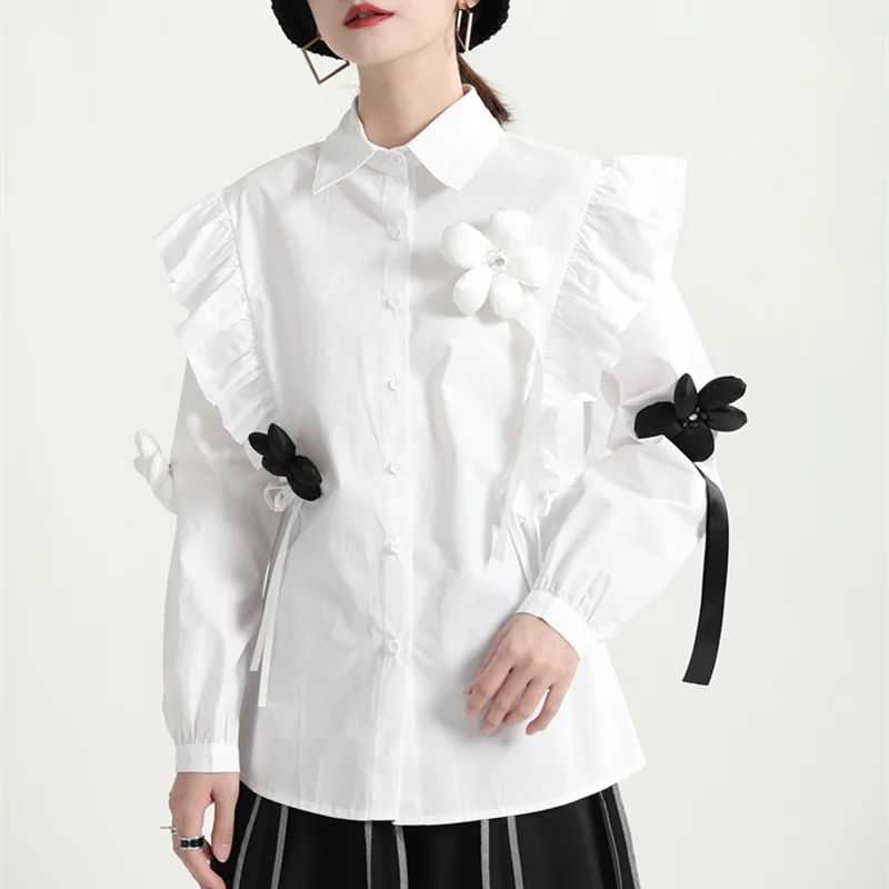 2024 new three-dimensional small flower lotus edge design shirt women's lapel draw rope to show thin white top