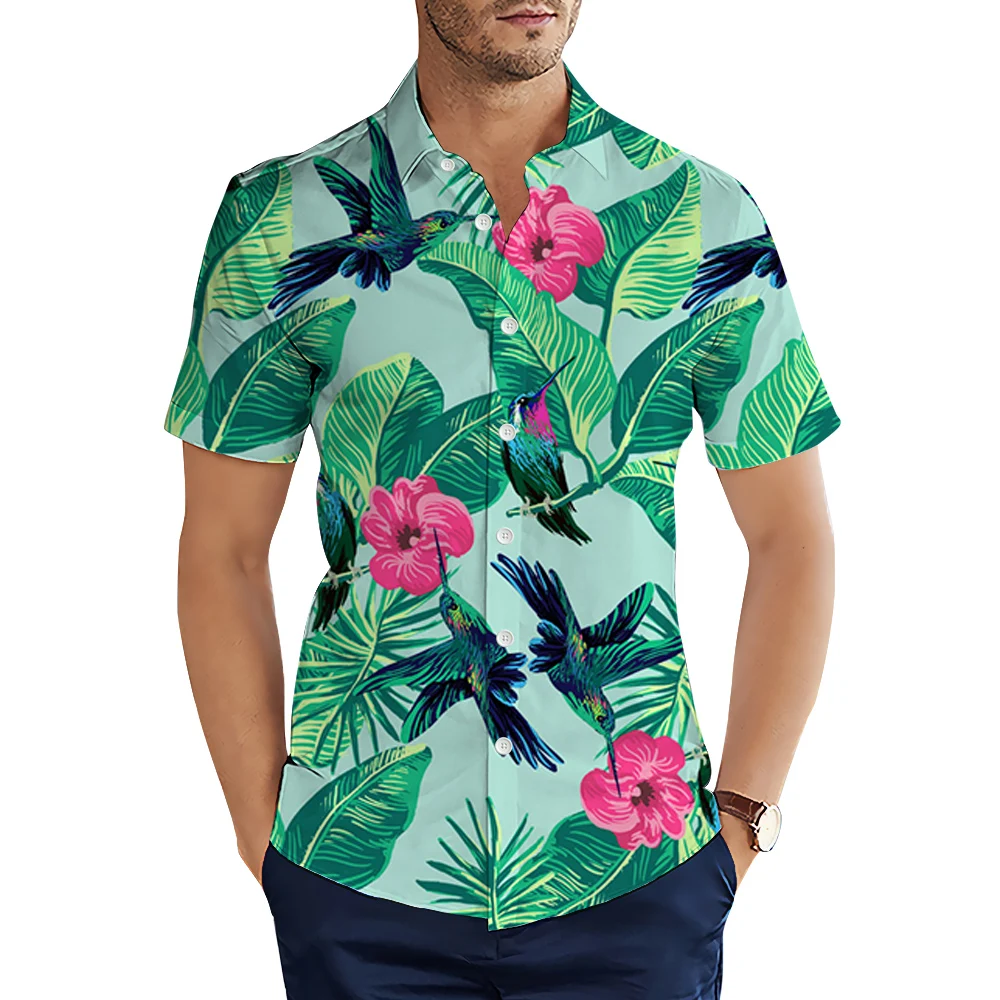 

HX Fashion Men's Shirts Hawaiian Polynesia Leaves Floral Bird Short Sleeve Casual Shirt for Men Graphics Beach Shirt