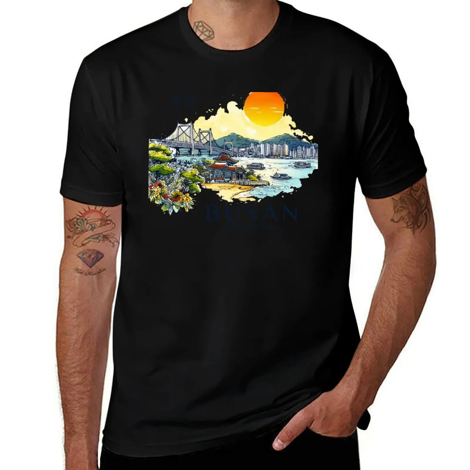 Busan South Korea Watercolor T-Shirt man t shirt cotton high quality T-Shirt