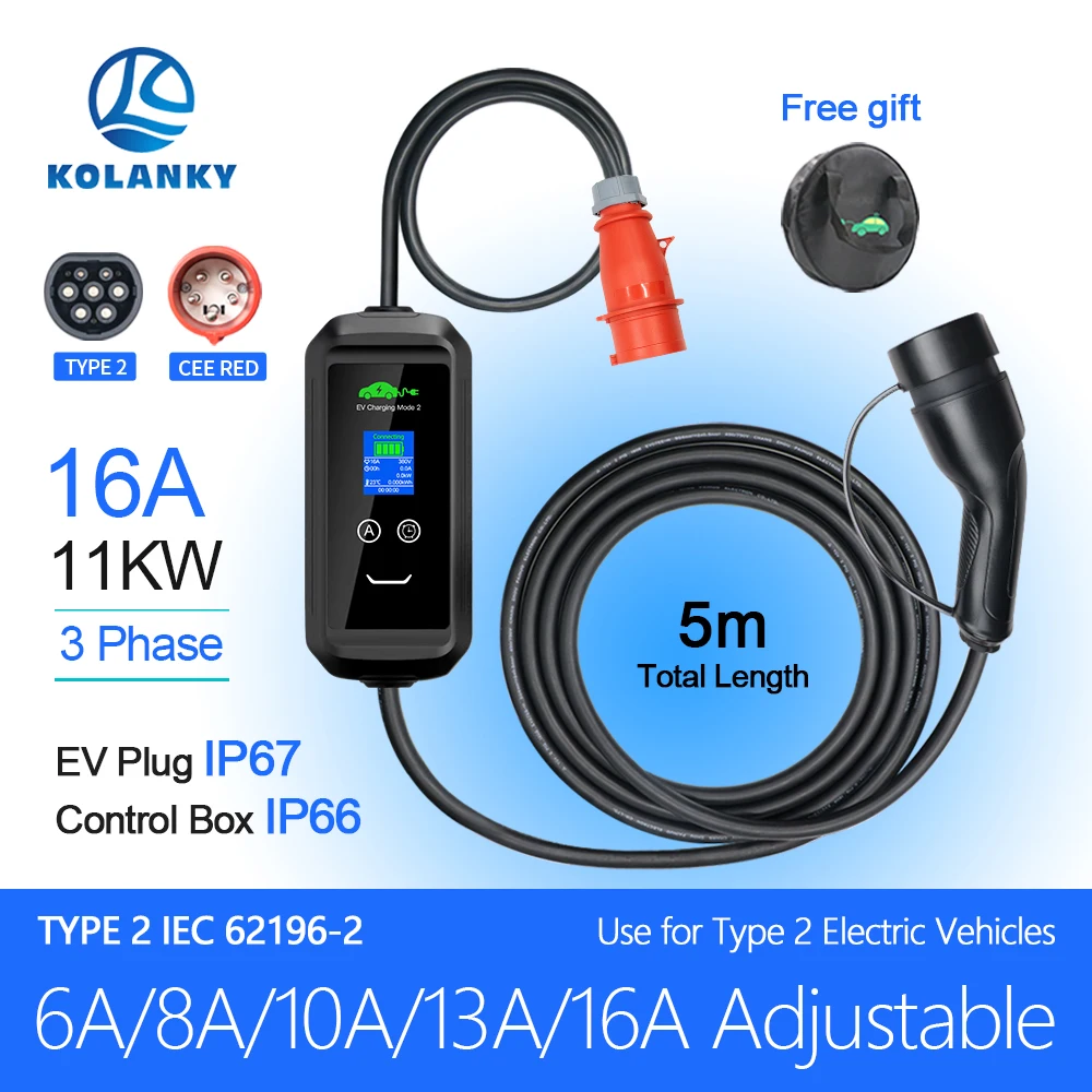 

6/8/10/13/16A 3P 11KW Portable EV Charger Tuya APP Phone Control Wifi Charging For Eletric Vehicle Hybrid Cars Cable 5M