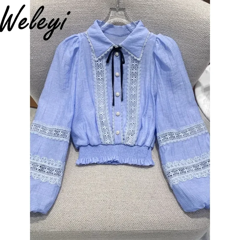 

Luxury Gentle Girl Top 2024 Autumn New Elegant Purple Lace Hollow-out Blouse Woman Long Lantern Sleeve Trimming Waist Shirts