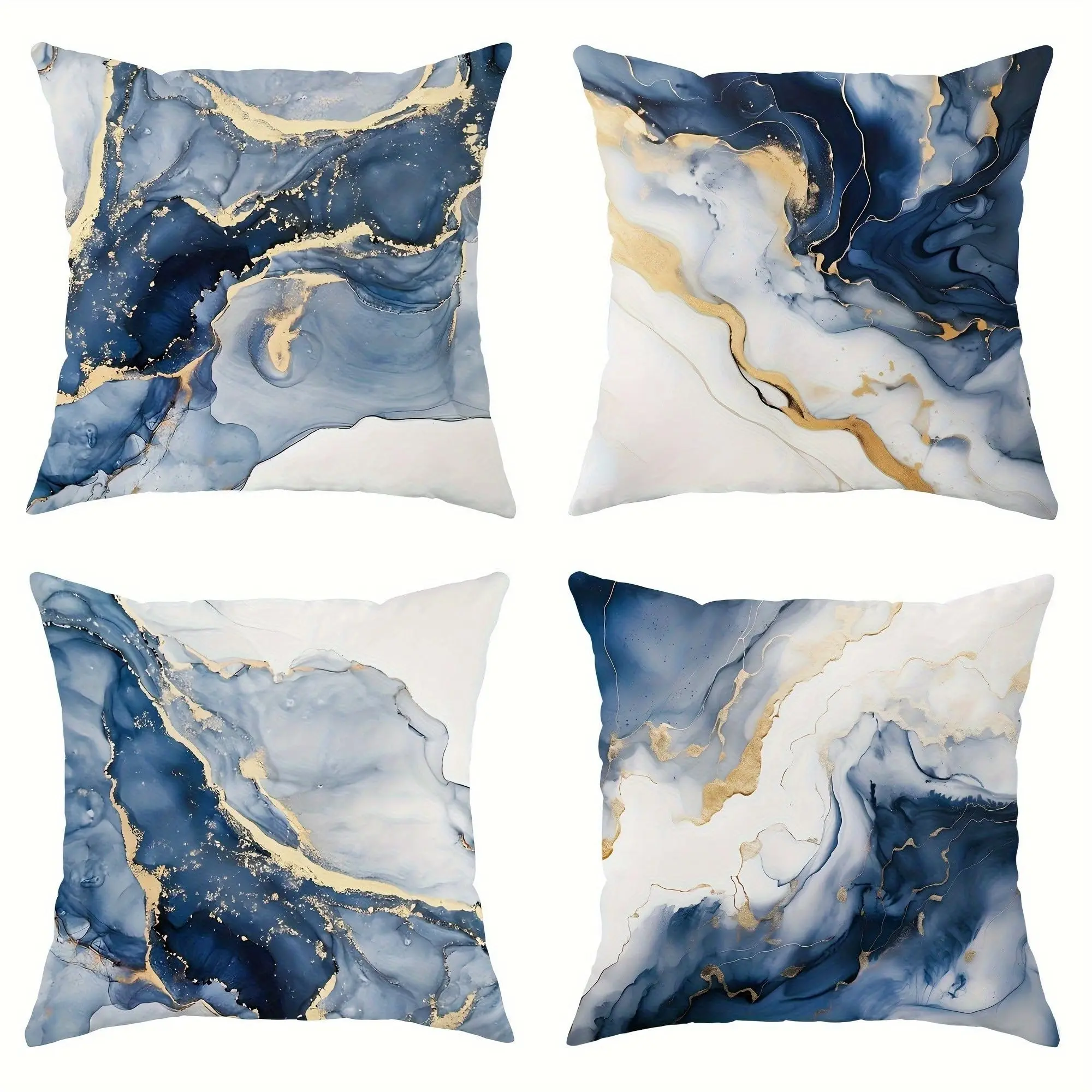 4 Pcs Double Sided Blue Gold Marble Cushion Covers, Luxury Abstract Ink Art Throw Pillow Cases (No Inserts)
