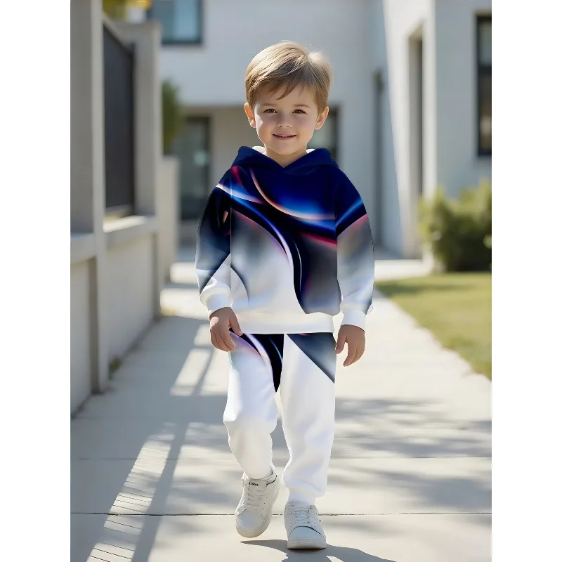 Little Boys 2 Piece Hoodie Jogger Tracksuit, Abstract Line Gradient King Crown Paris Stripe Print Kids Casual Sports Outfit