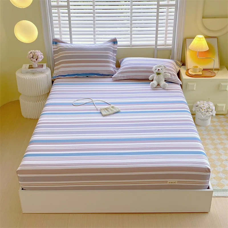 All-Round Pure Cotton Striped Fitted Bed Sheet Non Slip Fixed Household Bed Cover for All Seasons Queen Double Mattress Cover
