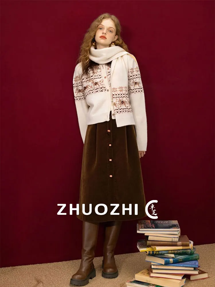 

ZhuoZhi Embroidered Pattern Open Cardigan Knitted Sweater Women's Casual Versatile Winter New Sle Long Sve round Ne Top