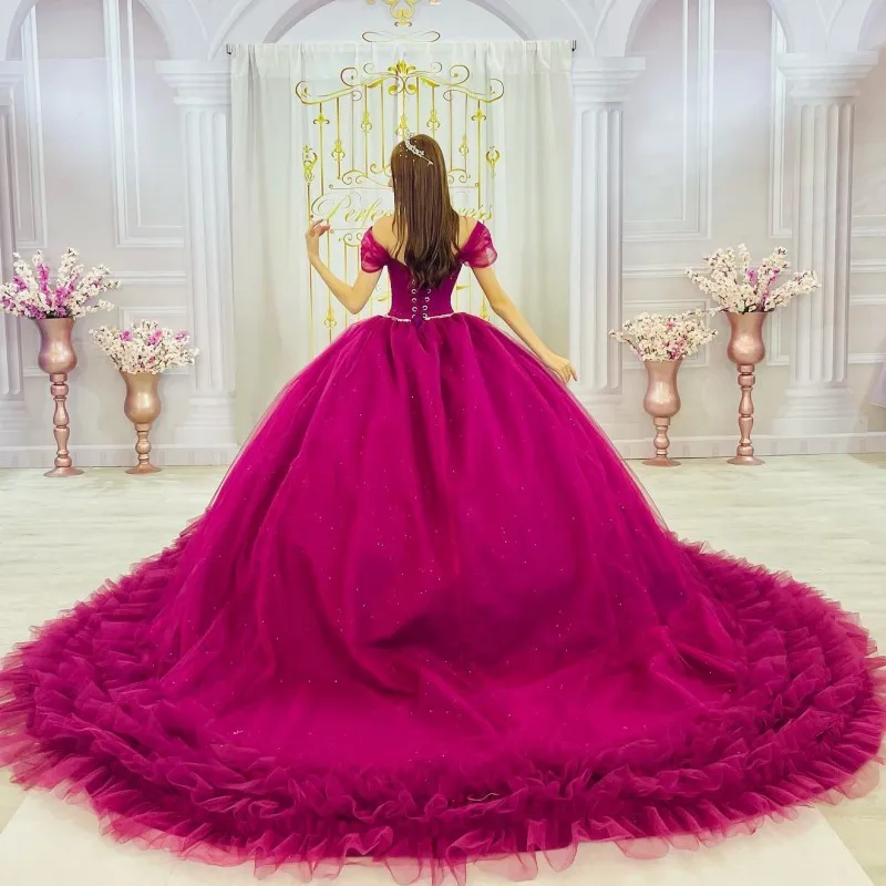 ANGELSBRIDEP Princess Quinceanera Dresses Ruffles Beading Tulle Sweet 15 16 Girls Pleat Crystal Graduation Ball Gowns Customized