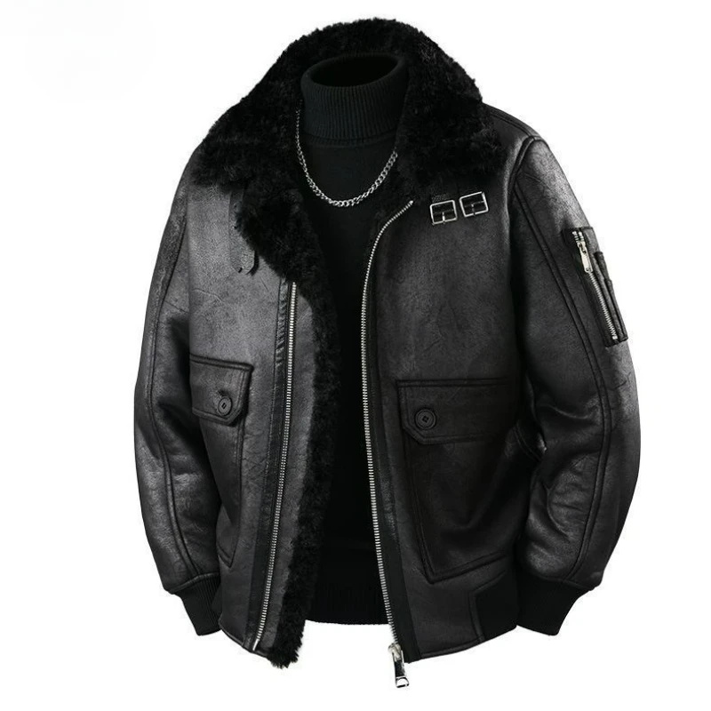 

2026 Winter with Men Fur Coat in One Piece Added Fleece Thickened Cool Retro Motorcycle Warm Leather Jacket Men's Cotton Clothes