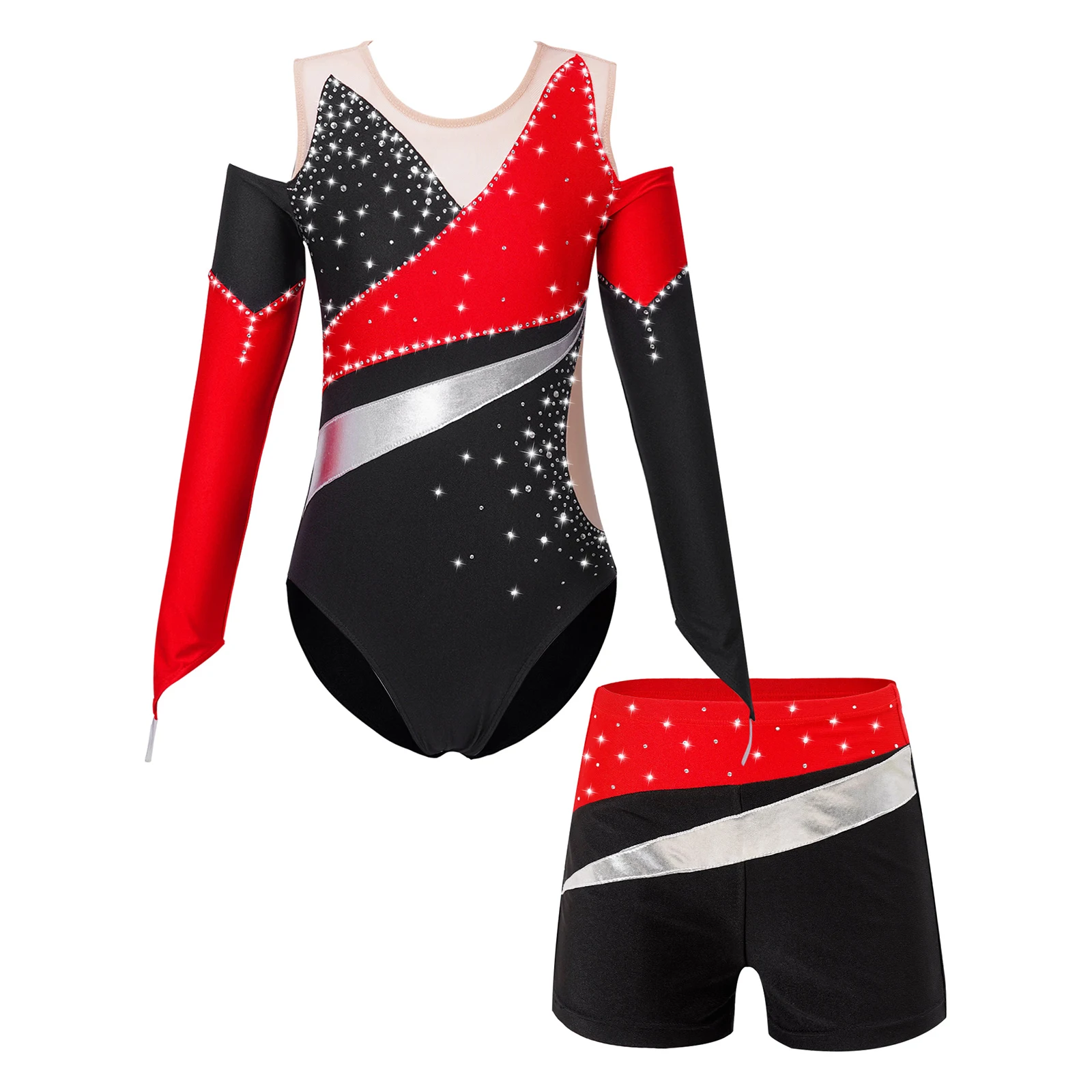 

Kids Girls Shiny Rhinestone Gymnastics Artistic Skating Ballet Jersey Classical Dance Costumes Dance Leotards with Shorts