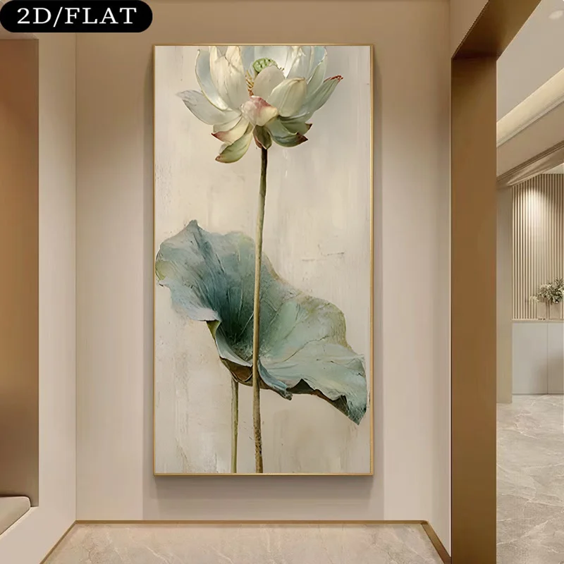 2D Flat, Elegant Lotus Flower Frameless Canvas Painting, Large Size for Living Room, Bedroom, Study. Simple Wall Decoration.