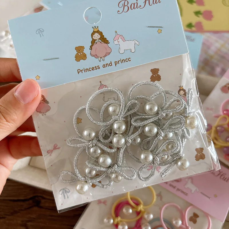 Girls Hair Elastics 10 Pcs Basic Style Strong Stretch Pearl Bead Scrunchie Gentle for Children Braiding Cute