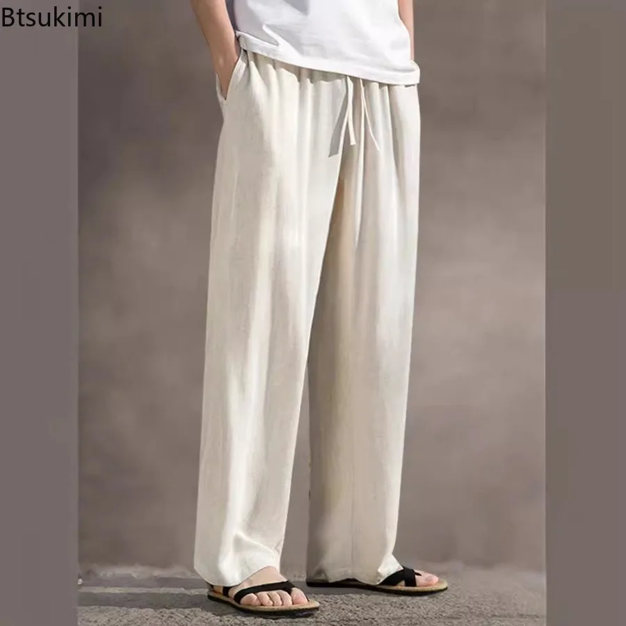 Summer Casual Linen Trousers for Men Loose-fit Straight-leg Cropped Pants Chinese Style Summer Thin Cotton Linen Wide Leg Pants