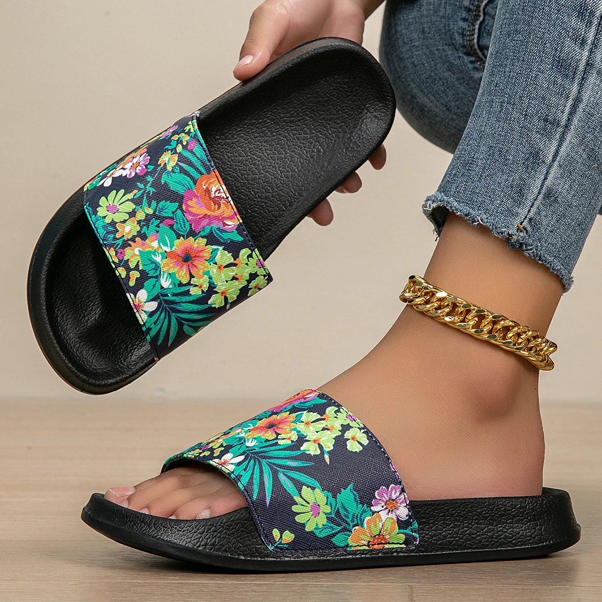 1 Pair of Women's Gardenia Flower Print Indoor Flat Slippers, Eva Soft-Soled Shoes, Indoor and Outdoor Home Slippers, Beautiful and Stylish, Suitable for All Seasons - view 2