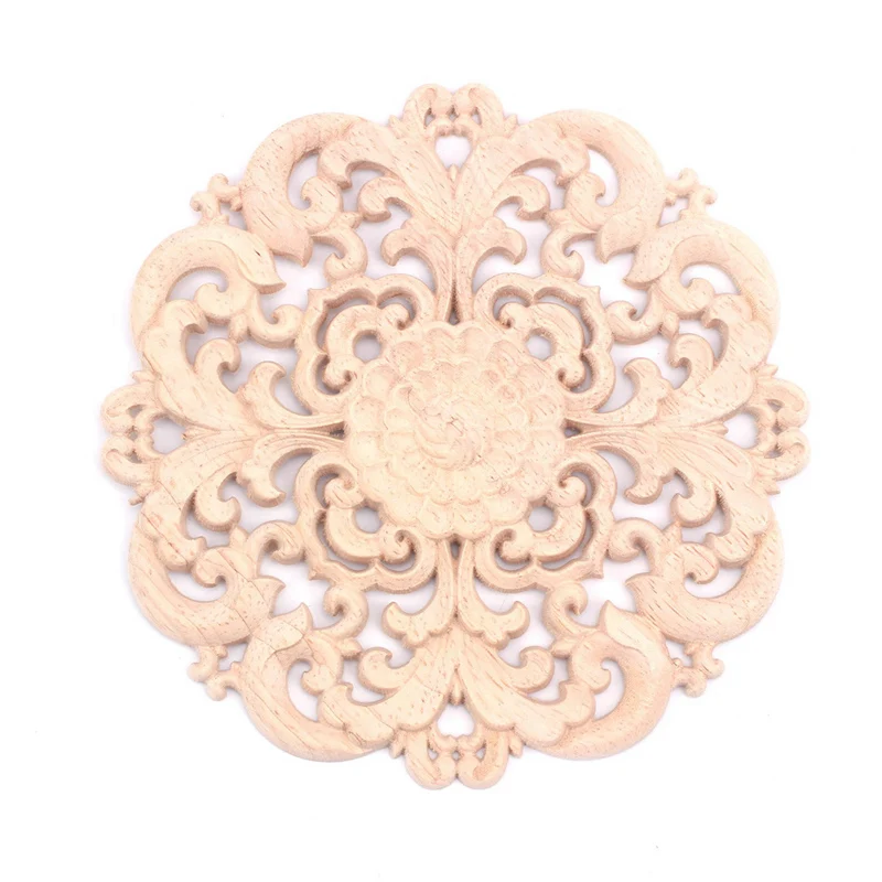 2Pcs Rubber Wood Carved Long Applique Unpainted Flower Walls Cabinets Door Decor Wood Color