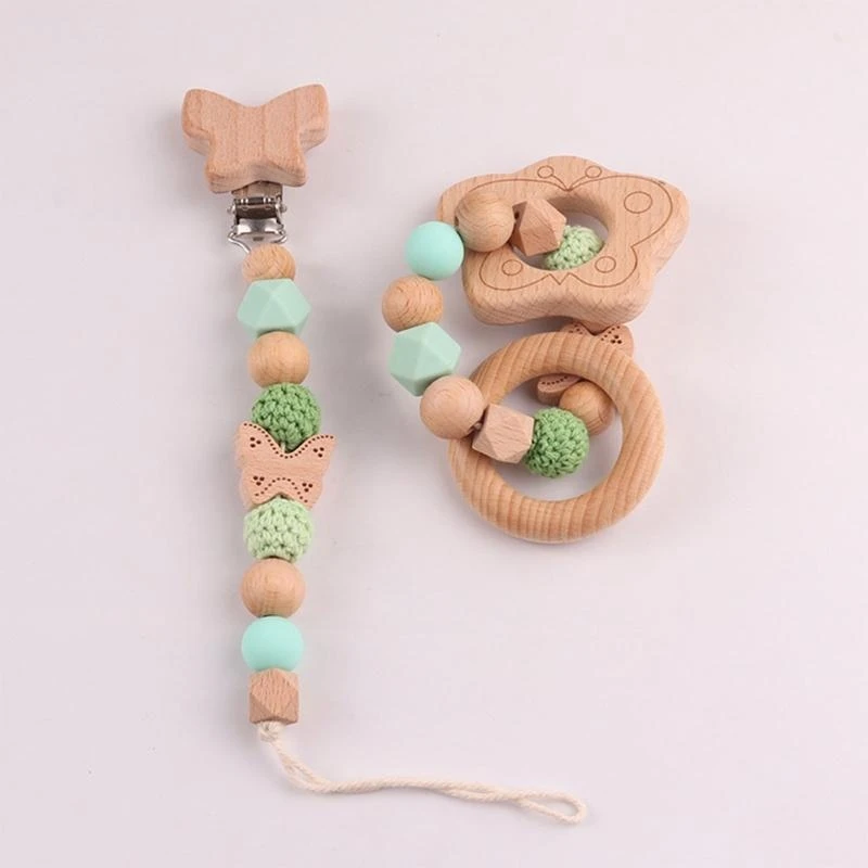 

J15U 2 Pcs Baby Rattle Wooden Baby Teether Toy Wooden Rattle Bracelet BPA