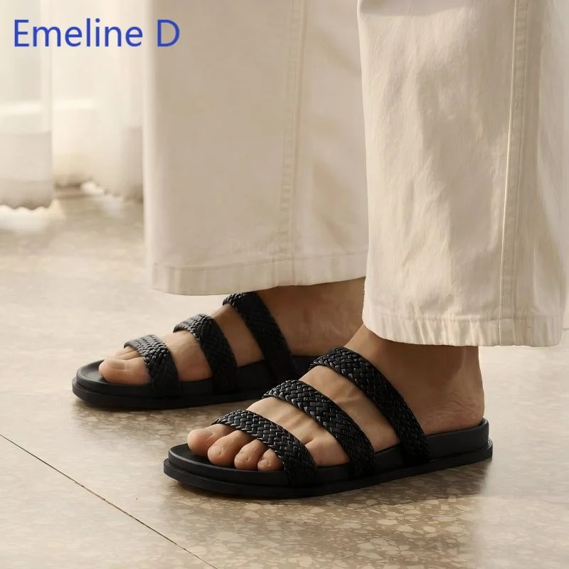 Textured Braided Woven Three Strap Sandals Open Toe Slim Cushioned Flat Base Sleek Modern Leisure Daily Outdoor Open Toe Slipper