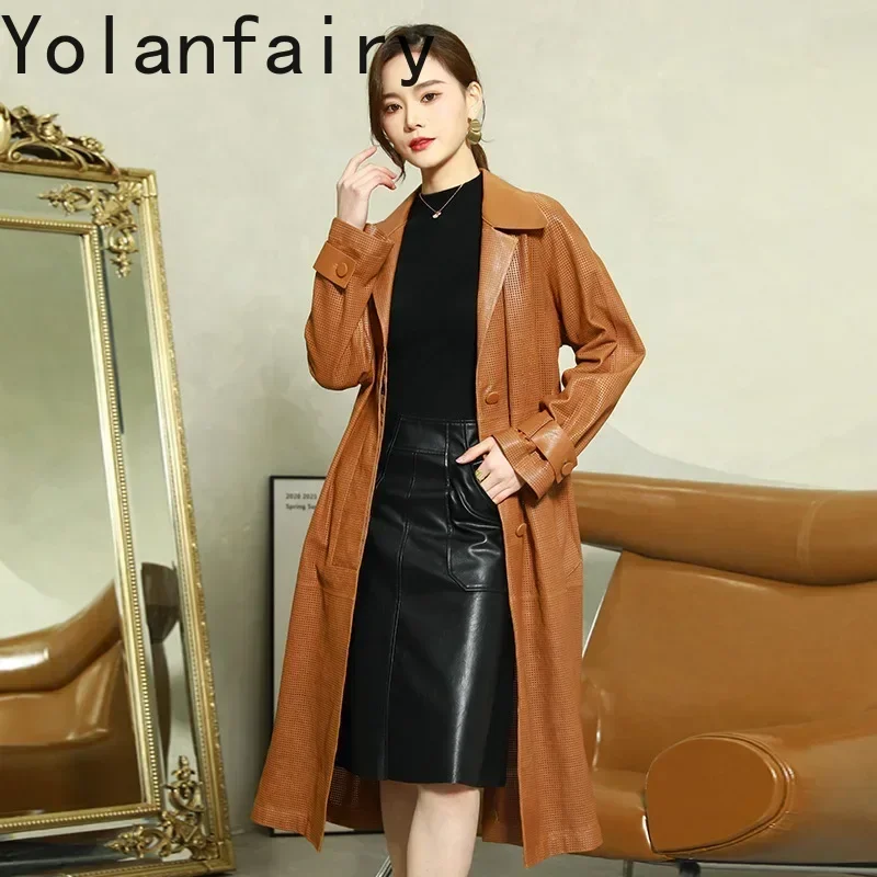 YOLANFAIRY سترة جلدية حقيقية النساء الملابس جلد الغنم خندق معطف موضة السيدات حزام سترة واقية متوسطة الإناث سترة جلدية